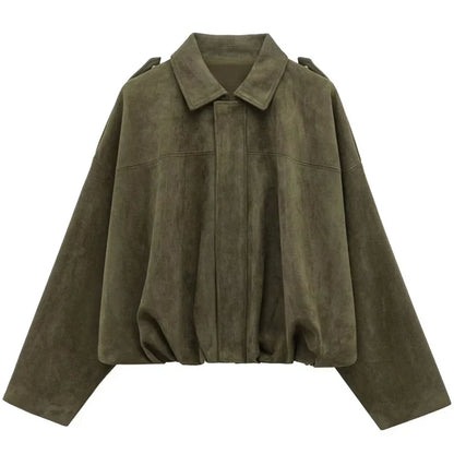 Women's Suede Cropped Bomber Jacket – Oversized Batwing Coat