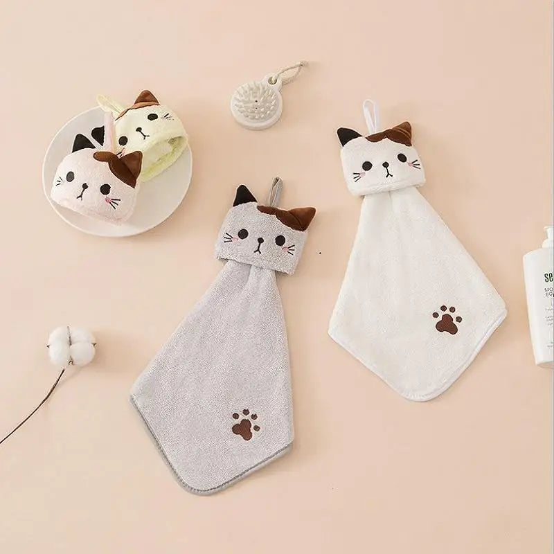 Cute Cat Hanging Hand Towel – Soft Coral Velvet Dishcloth
