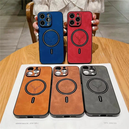 Magnetic Deer Head Leather iPhone Case with MagSafe Wireless Charging