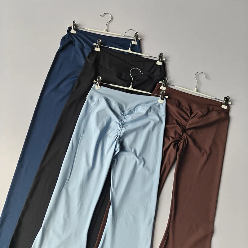 Women's Cross Waist Flare Yoga Pants – Booty Lifting Leggings with Ruffle Detail