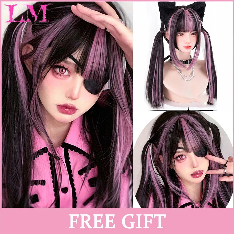 Cosplay Wig with Bangs – Long Straight Synthetic Hair 24 Inch
