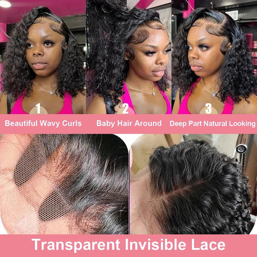 Water Wave Short Bob Wig – 4x4 & 13x4 Lace Human Hair, 200% & 250% Density