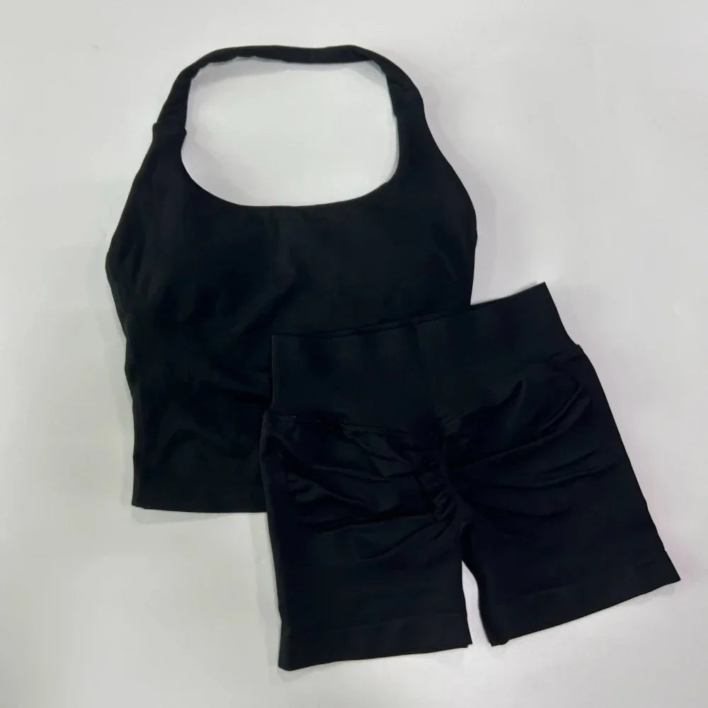 Women's 2-Piece Seamless Workout Set – Backless Tank Top & Scrunch Shorts