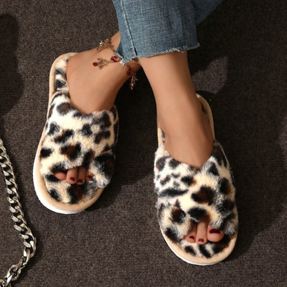 Fluffy Cross-Band Slippers – Plush Open-Toe Women's House Shoes