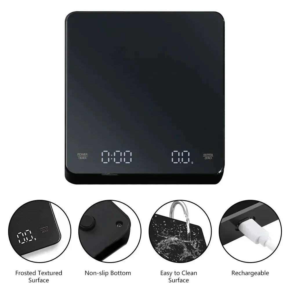 LED Digital Kitchen Scale with Timer – USB, 3kg/0.1g, Espresso Coffee