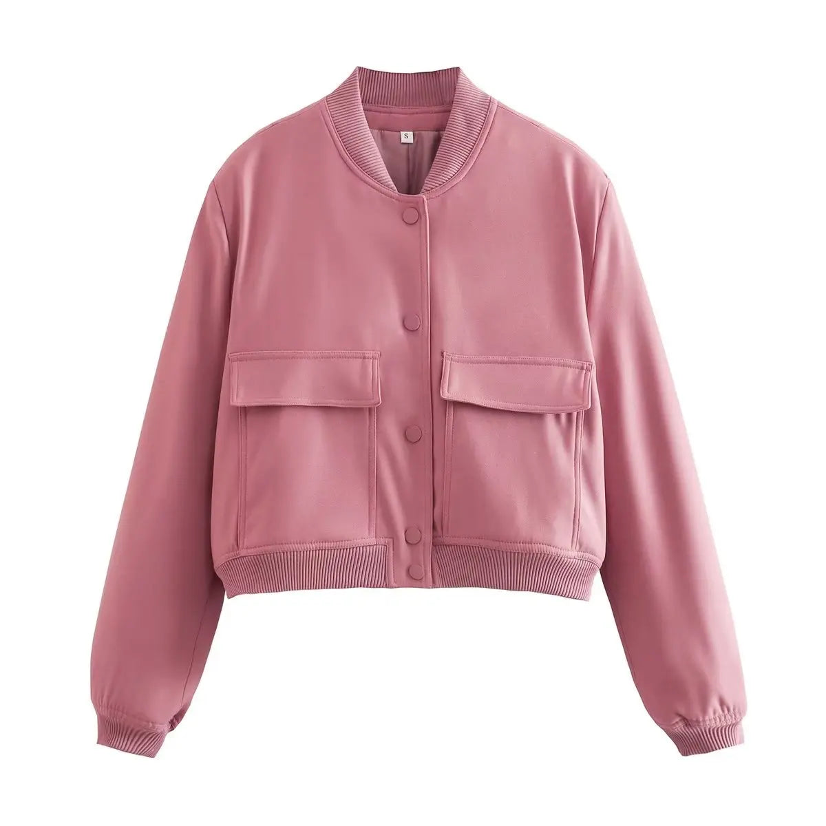 Women's Bomber Jacket – Solid V-Neck Single Breasted Coat with Pockets