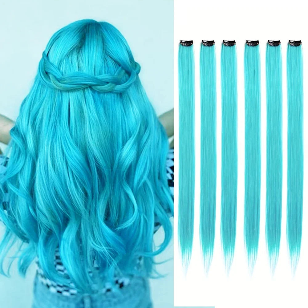 Clip-In Hair Extensions 6pcs – Colorful Highlight Streaks with Tinsel, 22 Inches