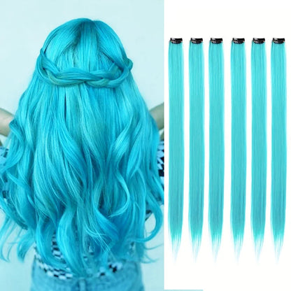 Clip-In Hair Extensions 6pcs – Colorful Highlight Streaks with Tinsel, 22 Inches