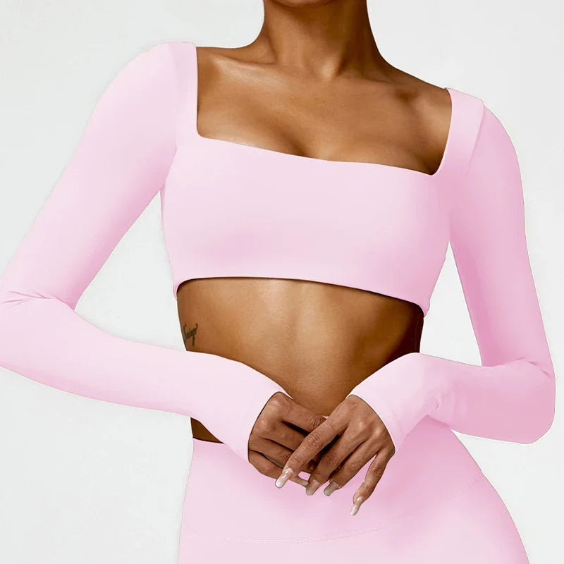 Women's Square Neck Long Sleeve Crop Top – Quick Dry Gym Sports Top