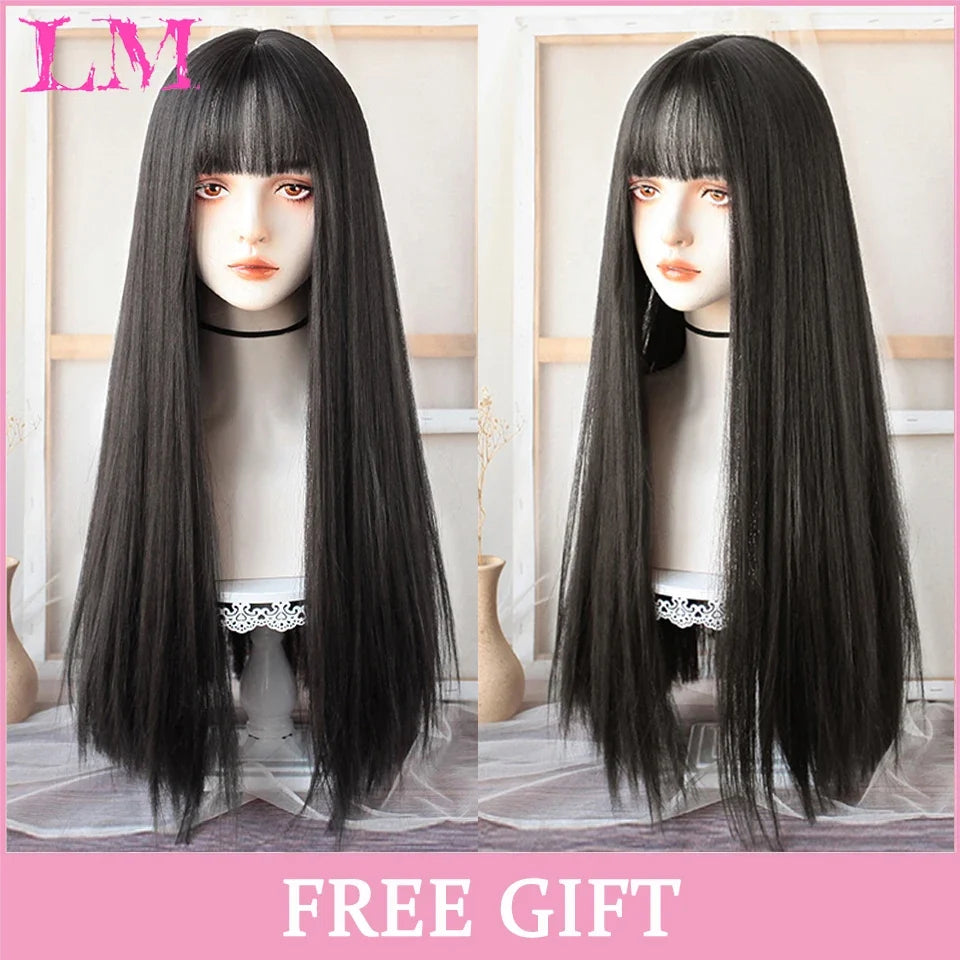 Cosplay Wig with Bangs – Long Straight Synthetic Hair 24 Inch