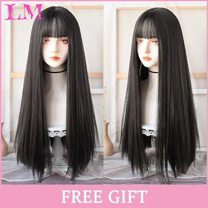 Cosplay Wig with Bangs – Long Straight Synthetic Hair 24 Inch