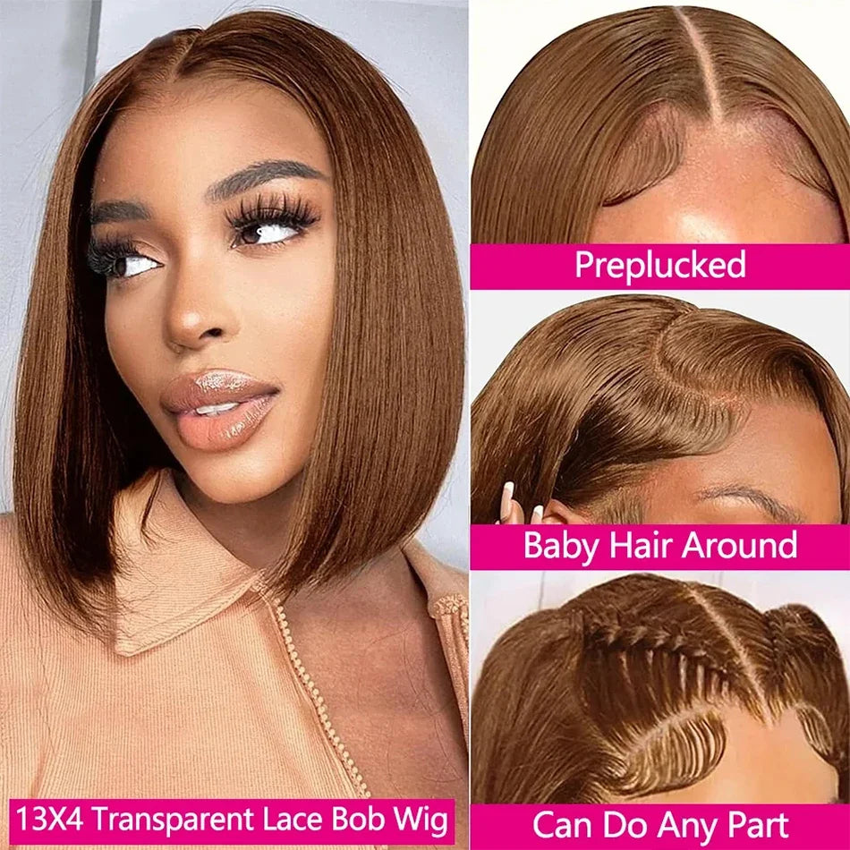 13x4 HD Lace Front Bob Wig 220% Density Chocolate Brown Straight Human Hair