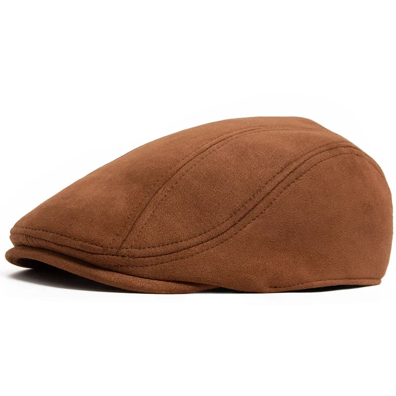 Suede Flat Cap Newsboy Beret – Vintage Winter Hat for Men & Women