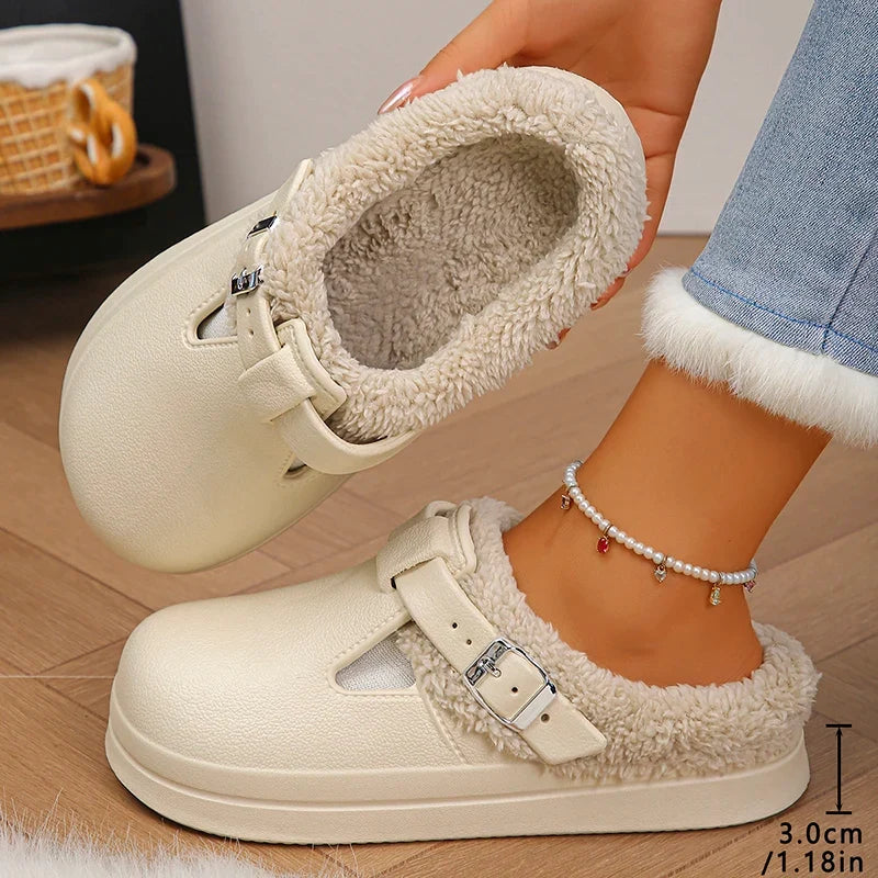 Fluffy Clogs Slippers Women Winter Warm EVA Waterproof Non-Slip