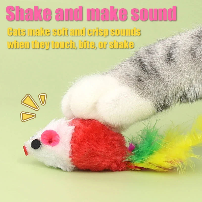 Plush Mouse Cat Toys with Colorful Feather Tails – Squeaky Mice for Indoor Cats