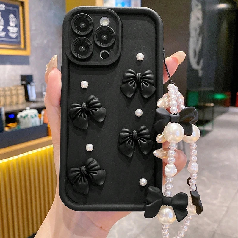 3D Bow Pearl Silicone iPhone Case with Pearl Lanyard