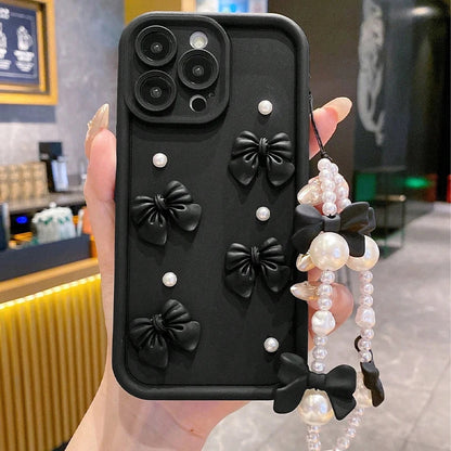 3D Bow Pearl Silicone iPhone Case with Pearl Lanyard