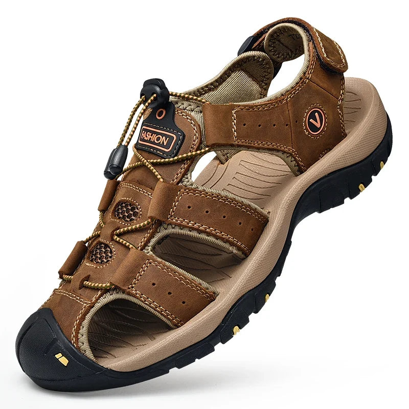 Men's Genuine Leather Outdoor Sandals – Closed Toe Beach Shoes