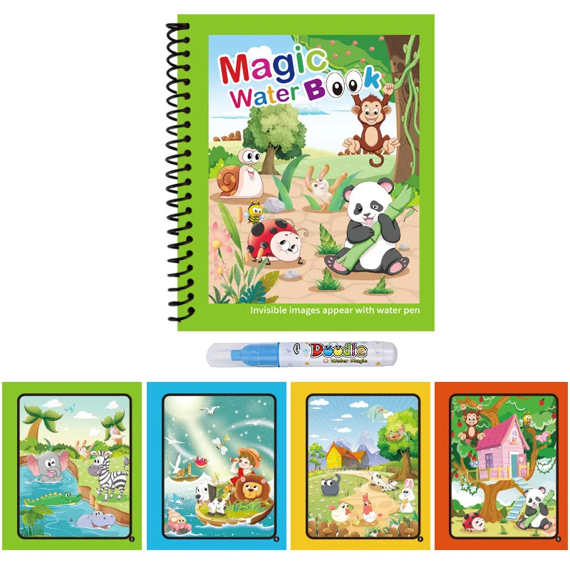 Magic Water Drawing Book for Kids with Pen – Reusable Coloring Activity