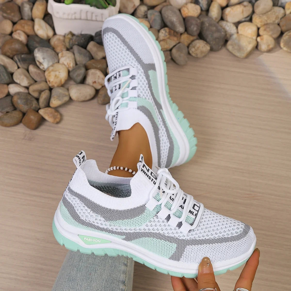 Women's Two-Tone Mesh Knit Sneakers – Casual Lace-Up Fashion Shoes