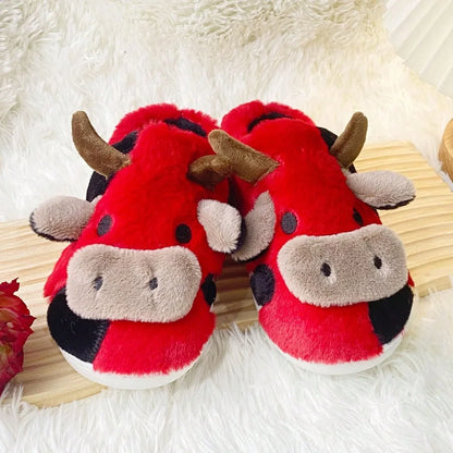 Cute Cow Plush Slippers – Warm Non-Slip Winter House Shoes