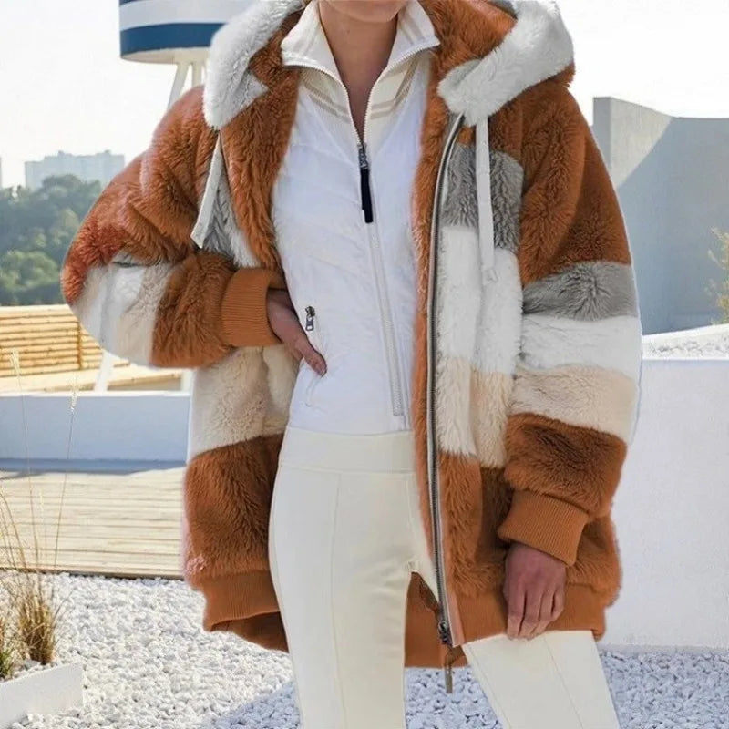 Women's Oversized Fluffy Fleece Hoodie Jacket – Warm Streetwear Coat