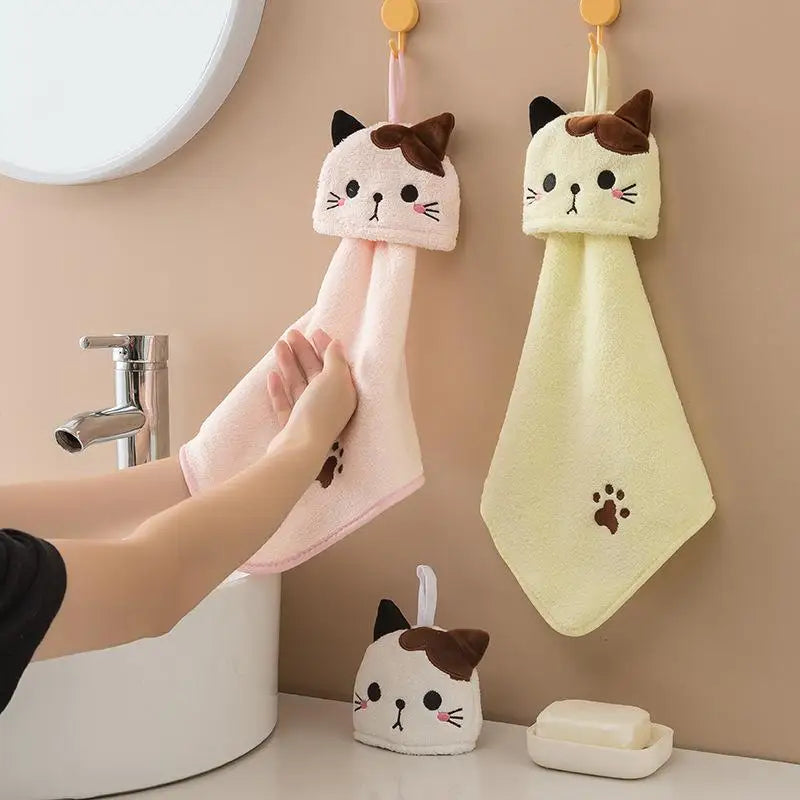 Cute Cat Hanging Hand Towel – Soft Coral Velvet Dishcloth