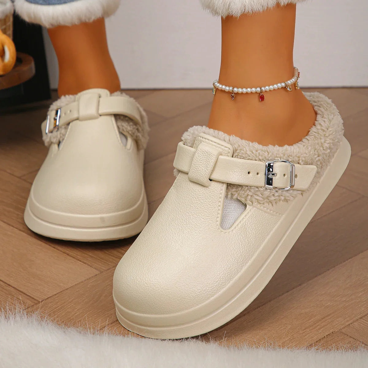 Furry Mule Slippers Women Winter Plush Warm EVA Sole Metal Buckle