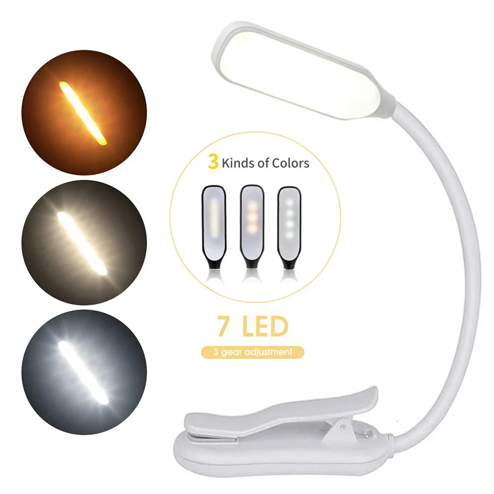 LED Book Light USB Rechargeable Clip-On Reading Lamp – 7 LED 3 Color Modes