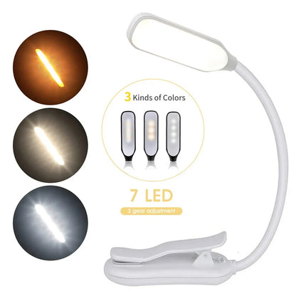 LED Book Light USB Rechargeable Clip-On Reading Lamp – 7 LED 3 Color Modes