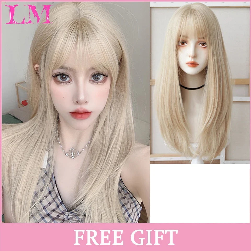 Cosplay Wig with Bangs – Long Straight Synthetic Hair 24 Inch