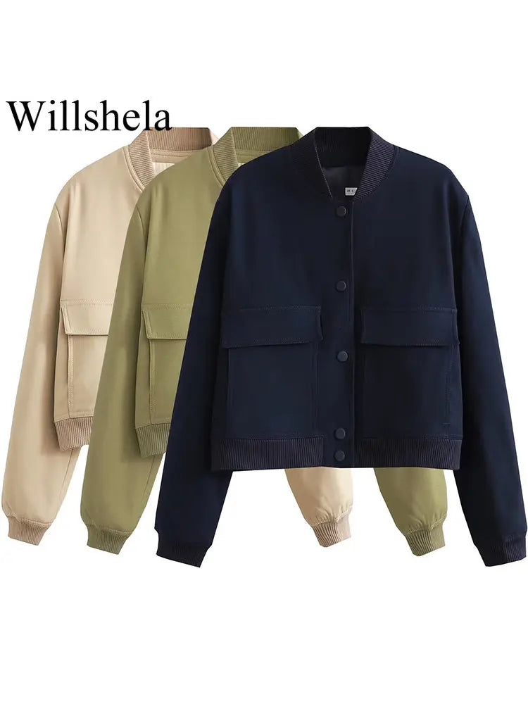 Women's Bomber Jacket – Solid V-Neck Single Breasted Coat with Pockets