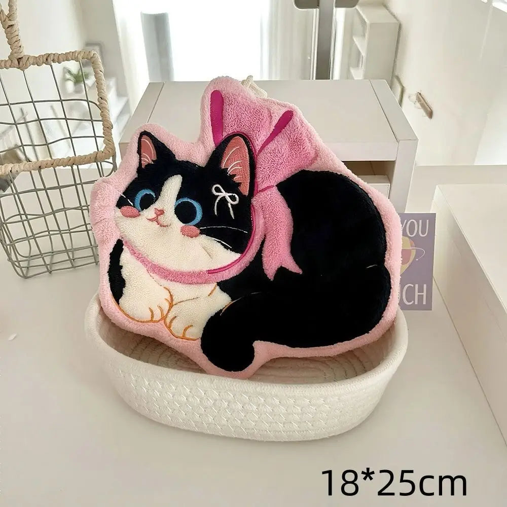 Cute Cat Hand Towel – Coral Fleece Hanging Bathroom Towel