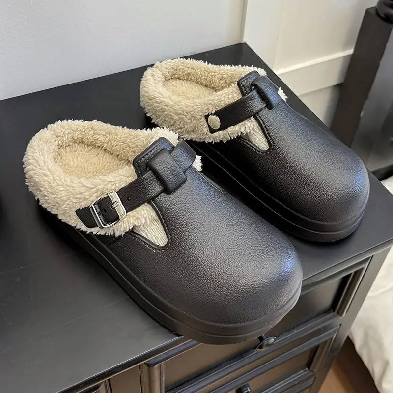 Furry Mule Slippers Women Winter Plush Warm EVA Sole Metal Buckle