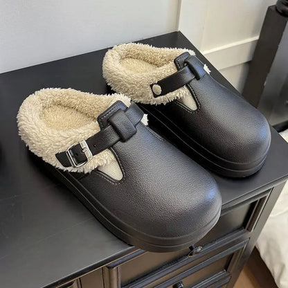 Furry Mule Slippers Women Winter Plush Warm EVA Sole Metal Buckle