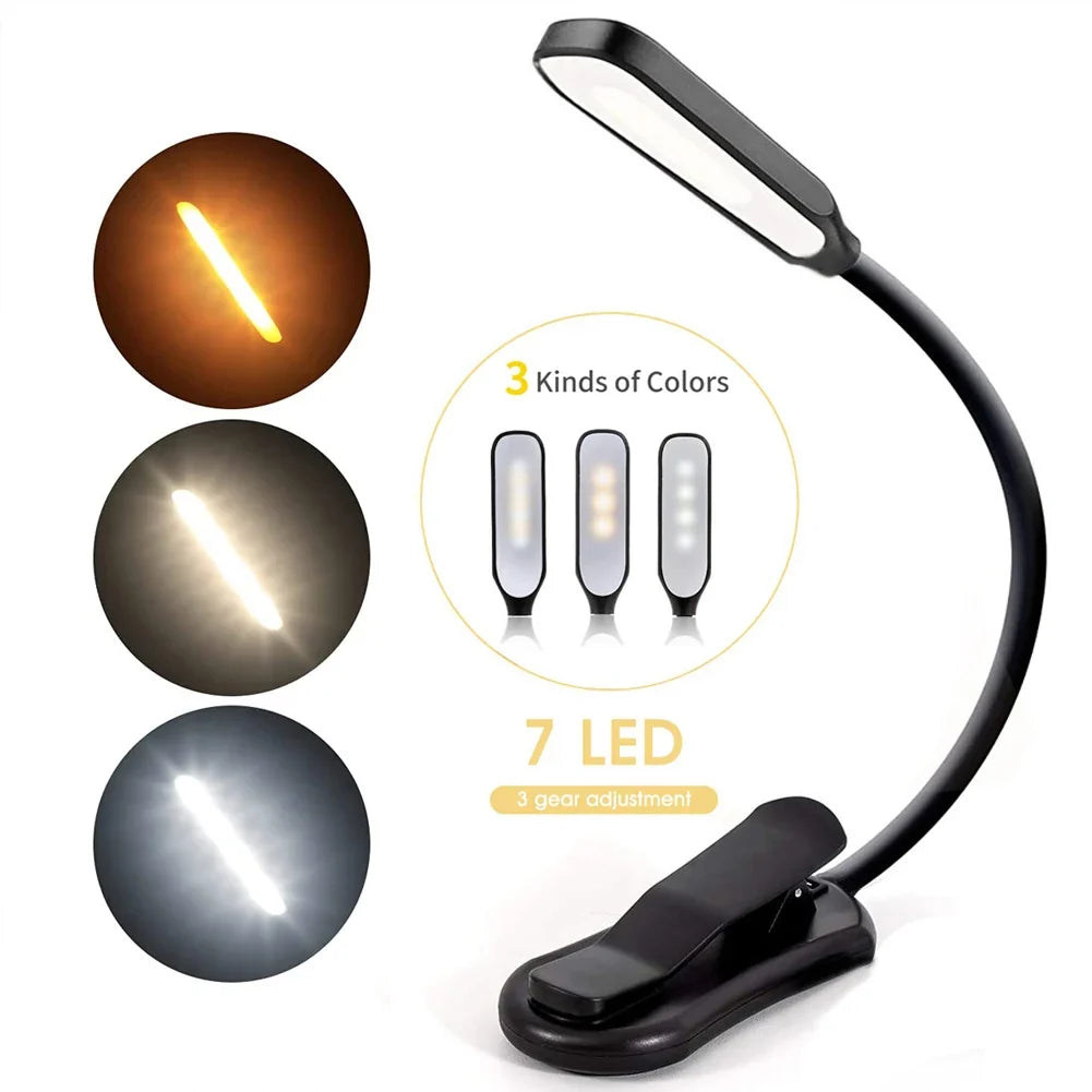 LED Book Light USB Rechargeable Clip-On Reading Lamp – 7 LED 3 Color Modes