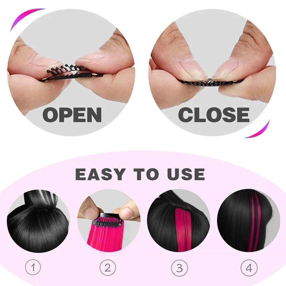 Clip-In Hair Extensions 6pcs – Colorful Highlight Streaks with Tinsel, 22 Inches