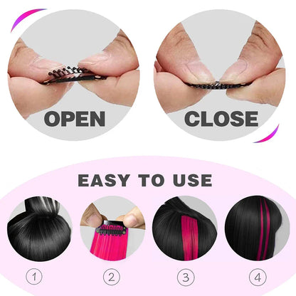 Clip-In Hair Extensions 6pcs – Colorful Highlight Streaks with Tinsel, 22 Inches