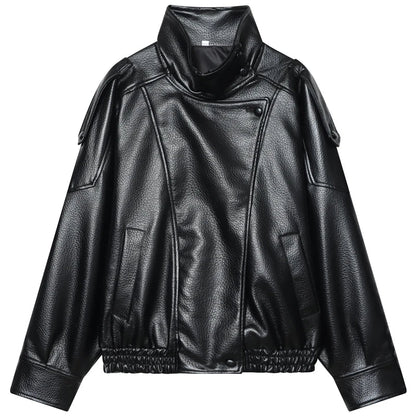 Women's Oversized Faux Leather Bomber Jacket – Cropped Zip-Up Coat