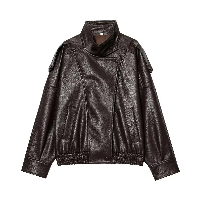 Women's Faux Leather Oversized Bomber Jacket – Winter Outerwear