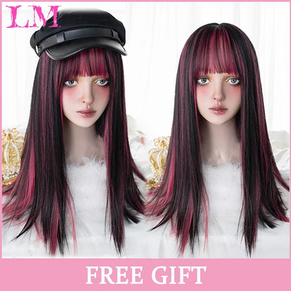 Cosplay Wig with Bangs – Long Straight Synthetic Hair 24 Inch