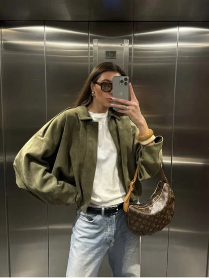 Women's Oversized Suede Texture Bomber Jacket