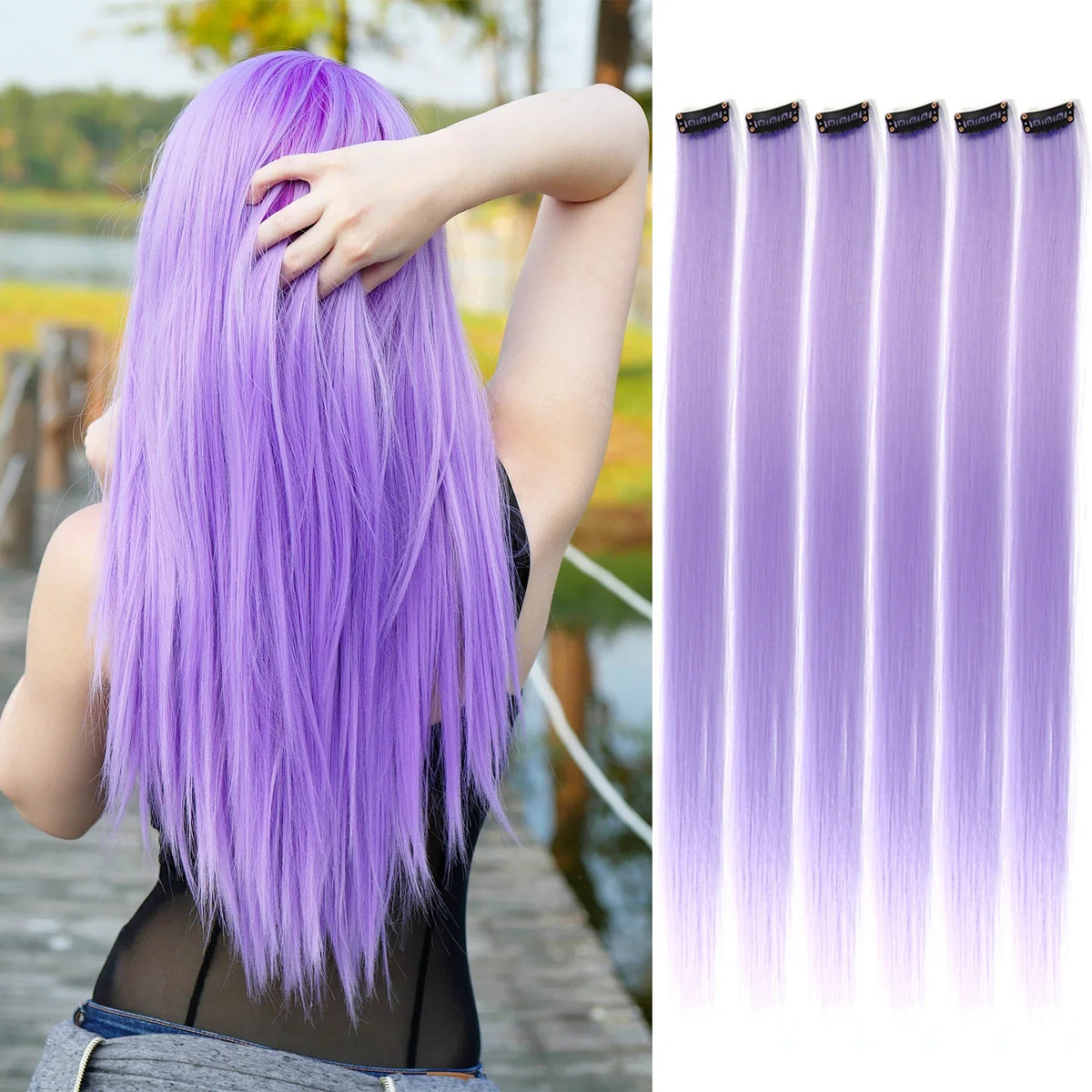Clip-In Hair Extensions 6pcs – Colorful Highlight Streaks with Tinsel, 22 Inches