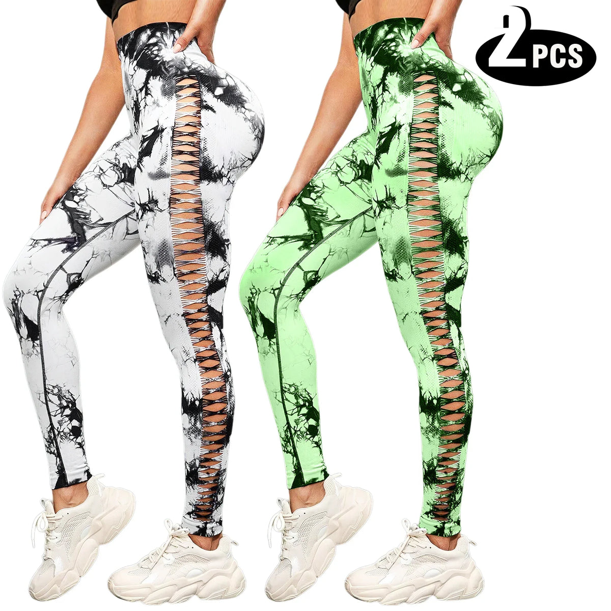 2-Pack Women's High Waist Yoga Leggings with Side Lace-Up Cutout