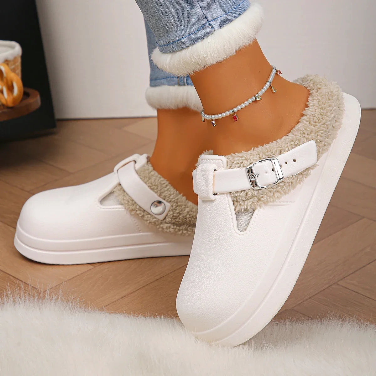 Furry Mule Slippers Women Winter Plush Warm EVA Sole Metal Buckle