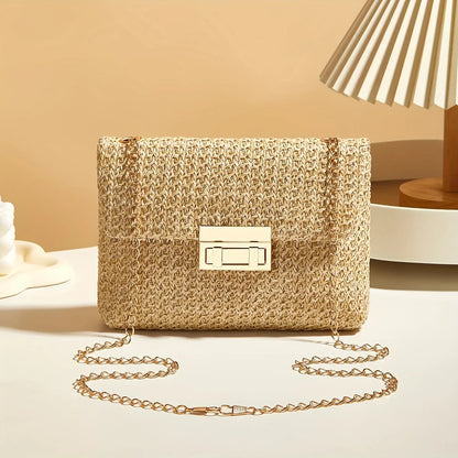 Woven Straw Crossbody Bag with Gold Chain & Lock Closure