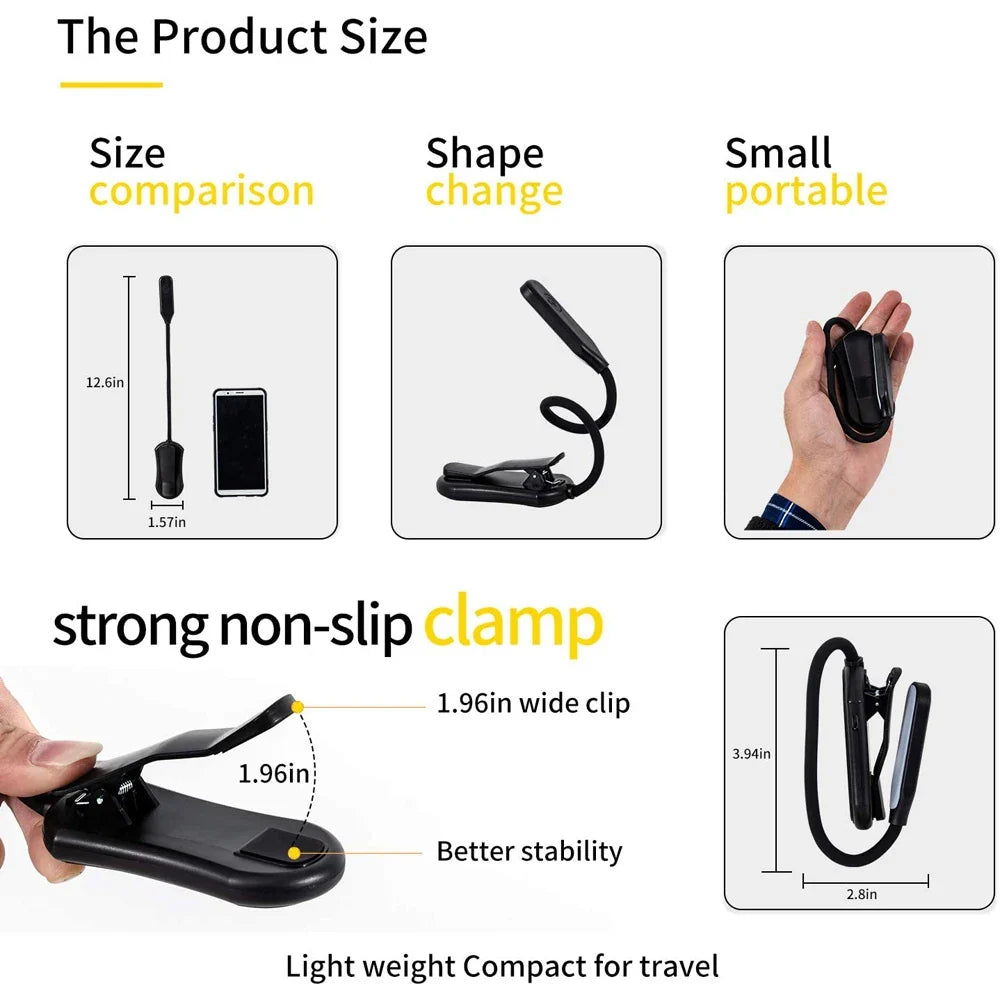 LED Book Light USB Rechargeable Clip-On Reading Lamp – 7 LED 3 Color Modes