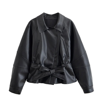 Women's Faux Leather Belted Jacket – Lapel Long Sleeve Coat