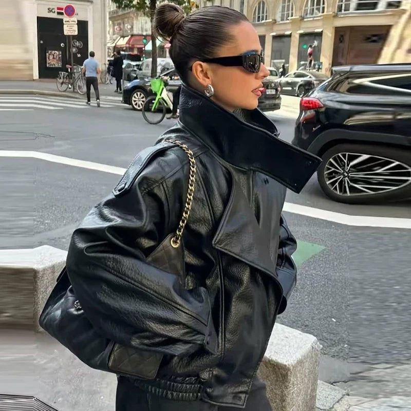 Women's Oversized Faux Leather Bomber Jacket – Cropped Zip-Up Coat