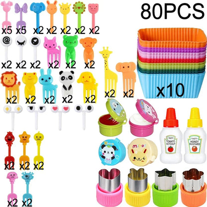 Kids Bento Lunch Box Accessories Set – Animal Food Picks, Silicone Cups & Food Cutters